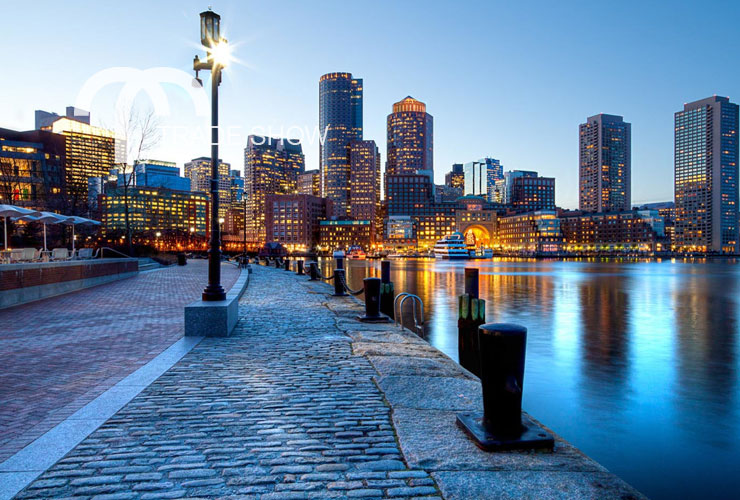 View of the Boston, MA city skyline from the harbor